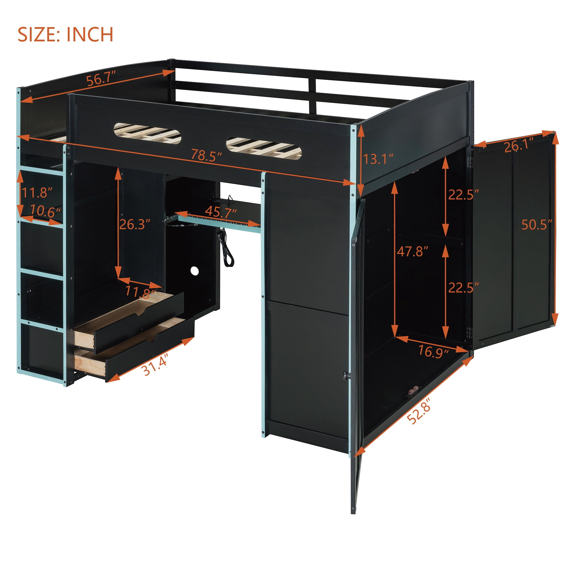 Homy Casa lit mezzanine double en bois avec bureau, armoire, tiroirs et RGB, bleu nuage