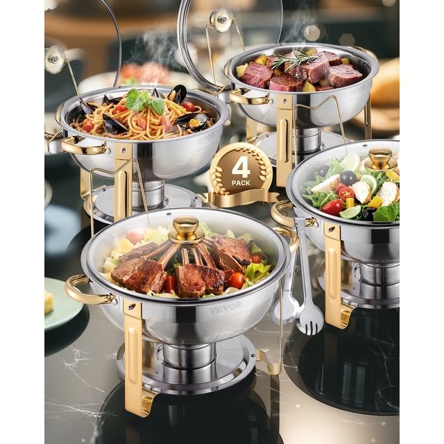 VEVOR Ensemble de buffets Ronds de 5 Qt, Lot de 4, en Acier Inoxydable avec Fini Doré, Comprenant Quatre Plats Pleine Grandeur et des Couvercles en Verre Transparent. l'Ensemble Comprend des Porte-Carburant, des Plateaux d'Égouttement et des Pinces-Repas Multifonctions pour un Service Pratique. Idéal pour le Traiteur, les buffets et les Événements, les Plats Anti-Frottement Maintiennent la Température des Aliments avec un design Épuré et Élégant. Présenté dans un Cadre Soigné avec Divers Plats comme des Pâtes, des Salades et de la Viande Exposés à l'Intérieur des Plats