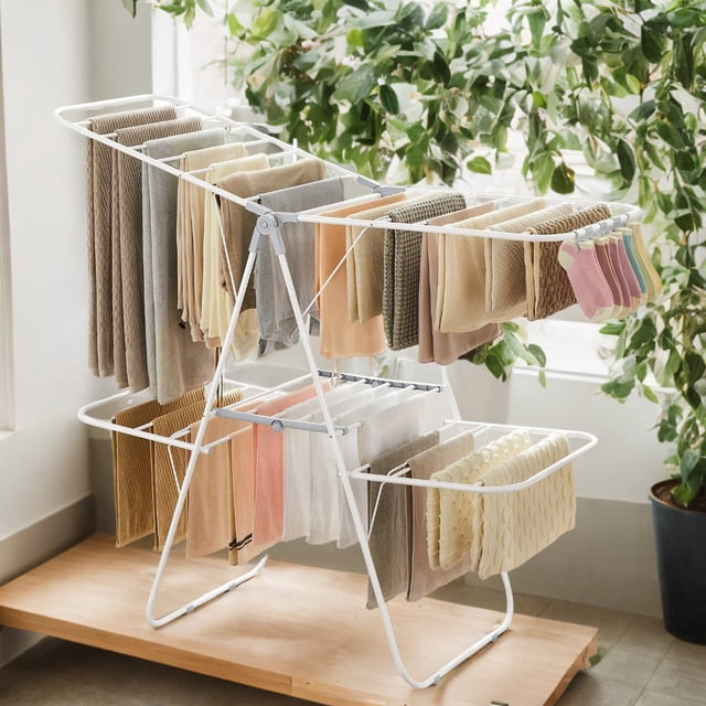 2-Level Foldable Clothes Drying Rack with Height-Adjustable Wings, Free-Standing Laundry Rack Clothes Dryer, 33 Drying Rails, and Sock Clips