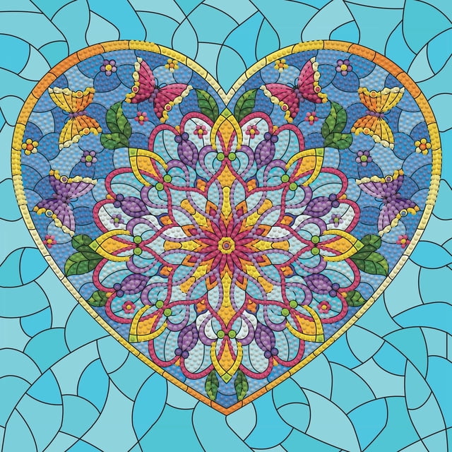 DIAMOND DOTZ® Vitrail Cœur Édition Spéciale Kit de Peinture Diamant avec une Toile en Forme de Cœur Centrée Affichant un design de Vitrail Multicolore Présentant un mandala floral en Jaune, Violet, Rouge et Bleu, Entouré de Papillons et de Feuilles Vertes sur un Fond Bleu Pâle Segmenté, Idéal pour les kits de Peinture arts et Artisanat.