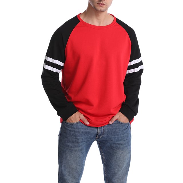 Xingqing T-Shirts à Manches Longues Raglan pour Hommes, Chandail en Molleton Col Rond Décontracté, Chandail Ample, Chemises Athlétiques Rouge Noir m