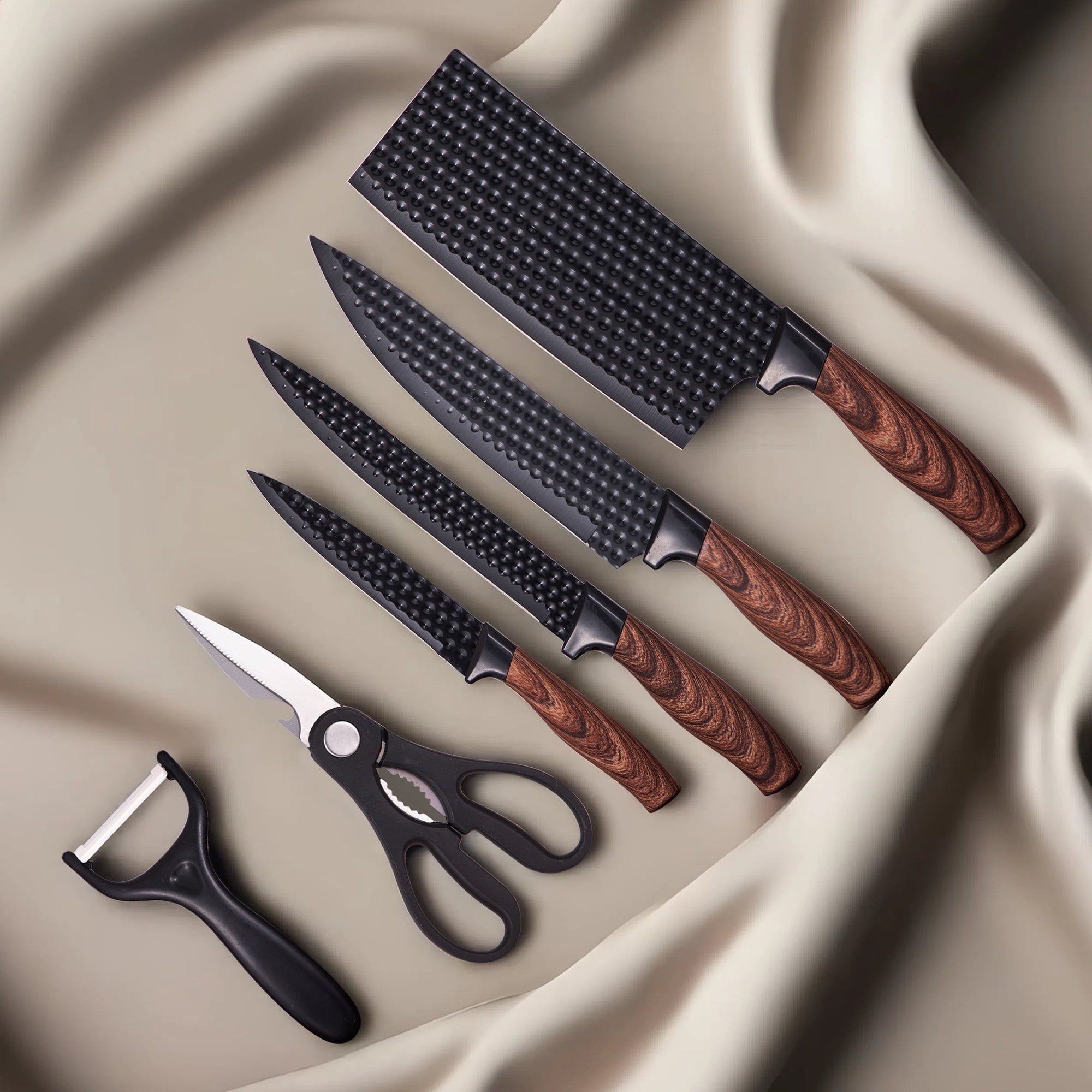 6pcs Professional Black Chef Knife Set, Stainless Steel Kitchen Knife Set, Hammer Pattern Kitchen Knife With High Carbon Stainless Steel, Premium Wood Grain Design Handle Cutlery Ergonomic