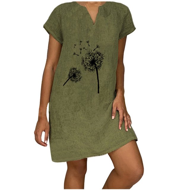 Yuyuzo Robe d'Été Décontractée pour Femme 2025 à Manches Courtes, Col en V, Robe Ample en Lin, Tunique Confortable, Robe T-Shirt, Robe Droite