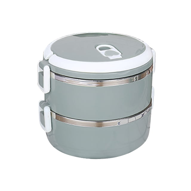 Agiferg 1400ml 2 Layer Round Food Lunch Box made of stainless steel with a sleek grey finish. This lunch box features a two-layer design with secure locking clips and a removable silicone seal to prevent leaks. Ideal for keeping food hot and fresh, it measures 14x14x13 cm and is easy to clean and maintain. Suitable for adults and children, perfect for storing meals or snacks on the go.