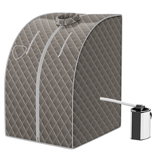 Patiojoy Portable Steam Sauna Spa Household Personal Sauna Tent in grey with 9-level temperature adjustment and timer settings ranging from 15 to 90 minutes. The sauna features a quilted polymer aluminum mesh and PVC fabric for heat retention, two zipper openings for convenience, and a 3L stainless steel steamer with a tempered glass lid. Includes a folding chair, remote control, herbal box, foot massage roller, absorbent mat, and steam tubes.