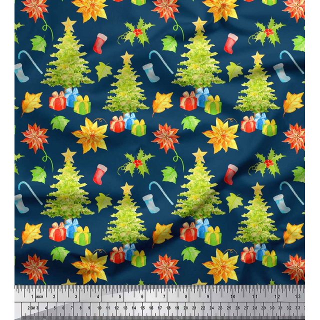 Soimoi Blue Poly Georgette Fabric Gifts & Christmas Tree Print Fabric by the Yard 52 Inch Wide