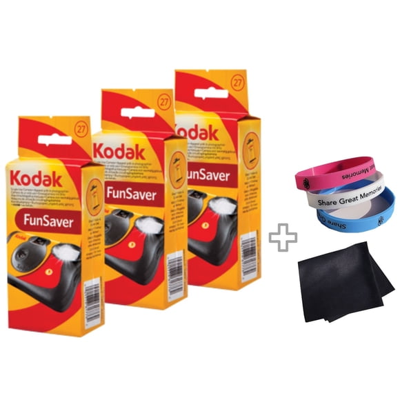 Kodak FunSaver 8617763 Disposable Camera (3 Pack) Plus a Bonus Wrist Band and a Cleaning Cloth
