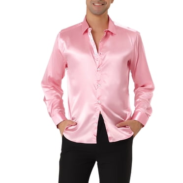 INSPIRE CHIC Men's Satin V Neck Long Sleeve Button Down Slim Fit Dress Shirts S Red