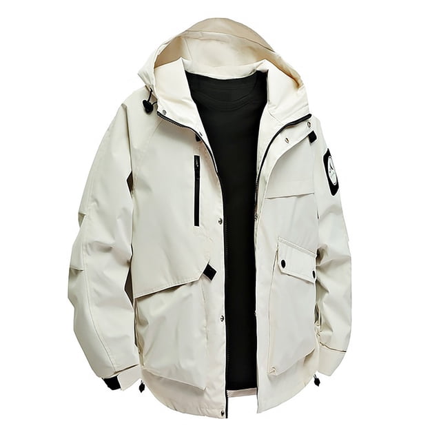 PEONAVET Mens Jacket Men's Solid Color Waterproof Long Sleeved Hooded Workwear With Multiple Pockets Jacket