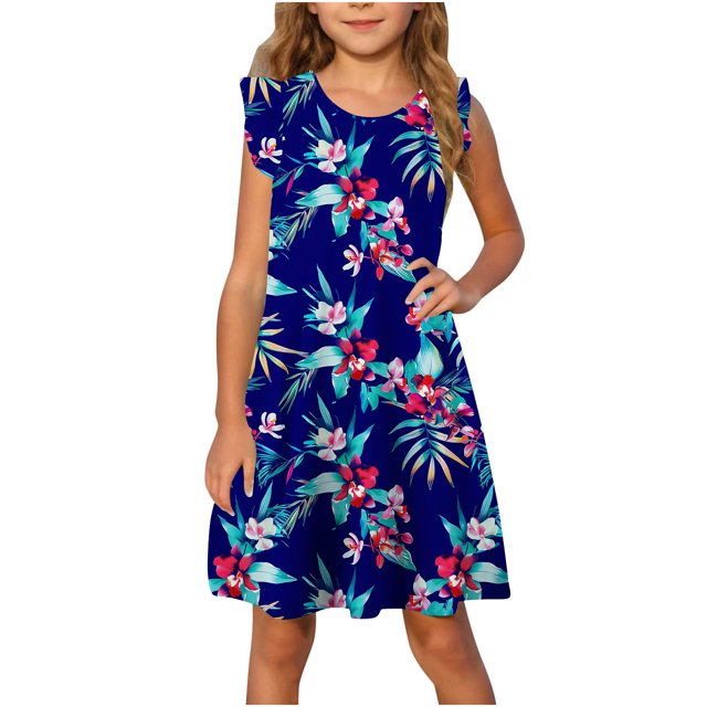 RXIRUCGD 2025 Vêtements d'Été pour Enfants Robe d'Été à Manches à Volants pour Filles 4-14T