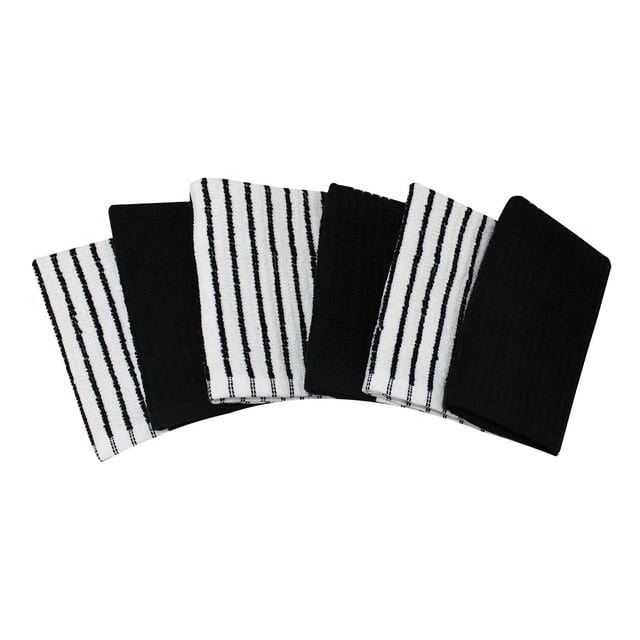 Hometrends Barmop Dish Cloth 6 pack includes six 12x12 inch 100% cotton dishcloths in black solid and white with black stripes, arranged in an arc on a white background, machine washable and absorbent for kitchen and household cleaning tasks.