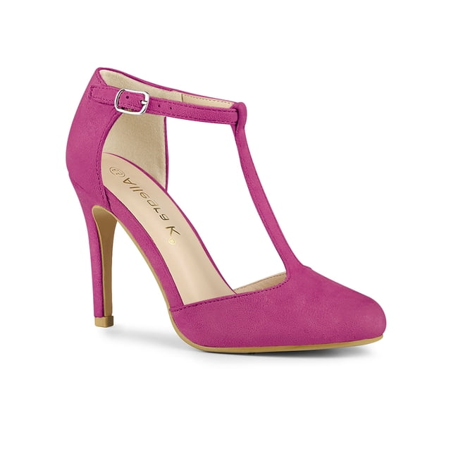 BLISSFUL STEP Chaussures pour Femmes Bout Rond Talon Aiguille Sandales à Bride en T Rose Vif 6,5