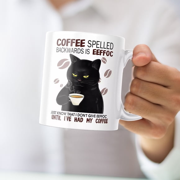 SIfdSeng Funny Coffee Cat Mug Is the Coffee Backwards 11 Oz Cute Mug Very Funny Cat Print Mug