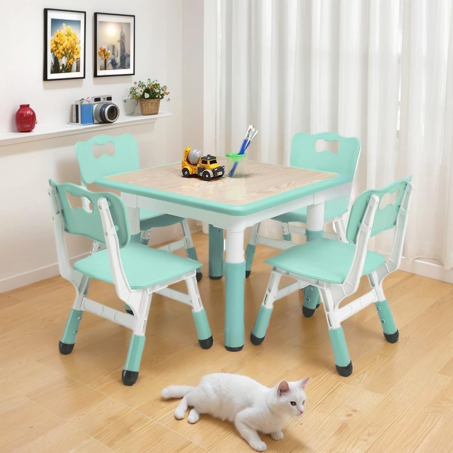 YUSAZENS Modern Table & 4 Chairs Set – 23.26" Height Adjustable with Non-Slip Legs, Graffiti Desktop Organizer, Ideal for Preschool Activities Ages 2-10