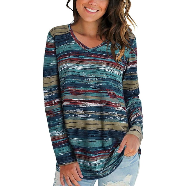 ziyahi T-shirt Femme Automne Imprimé Col en V Manches Longues Blouse Décontractée, Bleu, 3TG