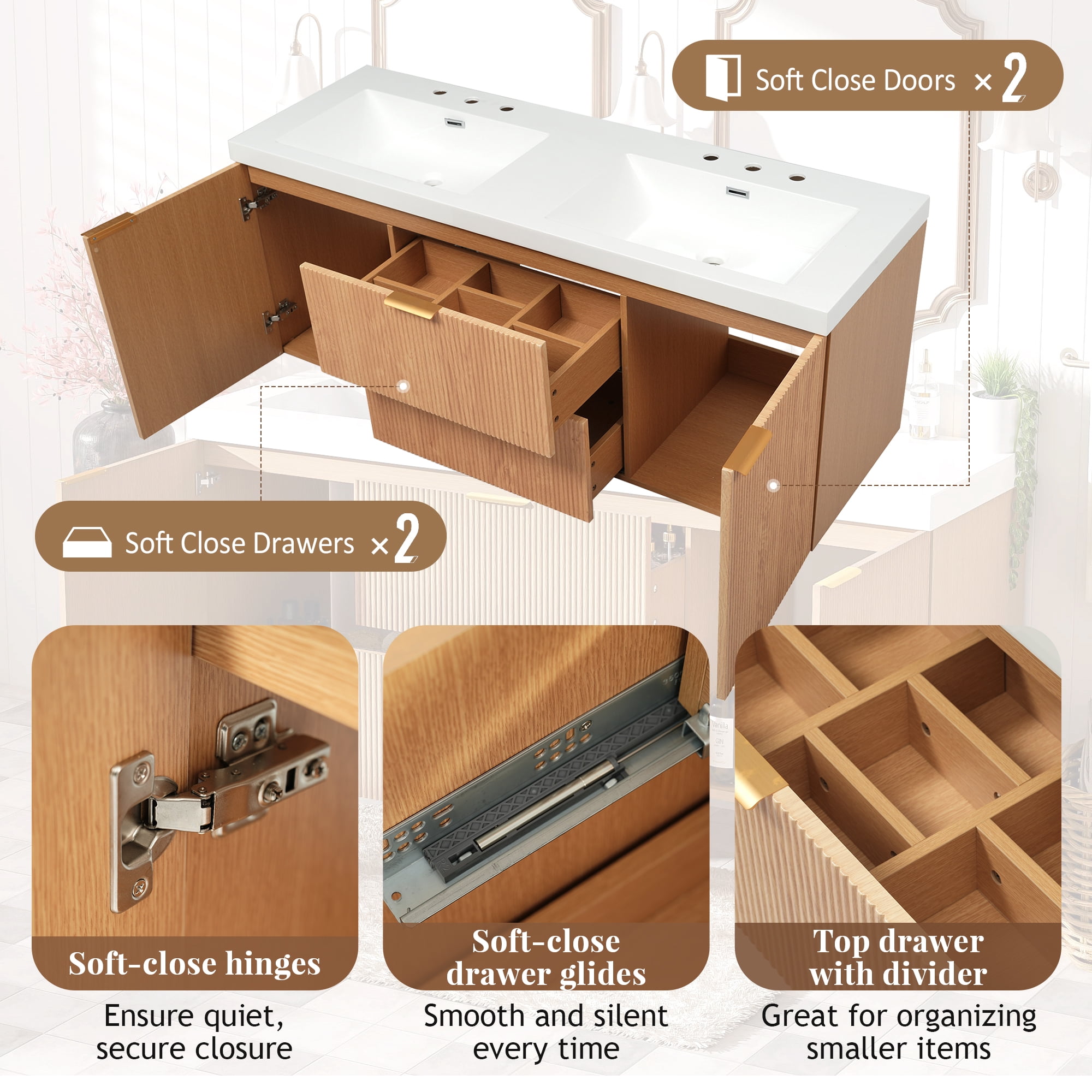 Noble House 59.3" Double Sink Bathroom Vanity, SMC Resin Top, Soft-Close Doors, Wall-Mounted, Modern Style