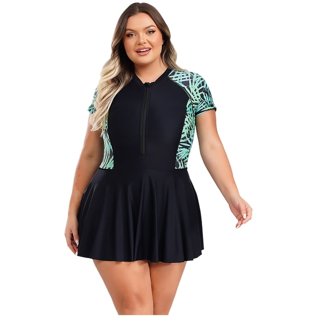 MSemis Maillot Dermoprotecteur une Pièce pour Femmes, Fermeture Éclair devant, Robe de Bain à Manches Courtes, Maillot de Bain à Séchage Rapide, Feuilles Noires, 4TG