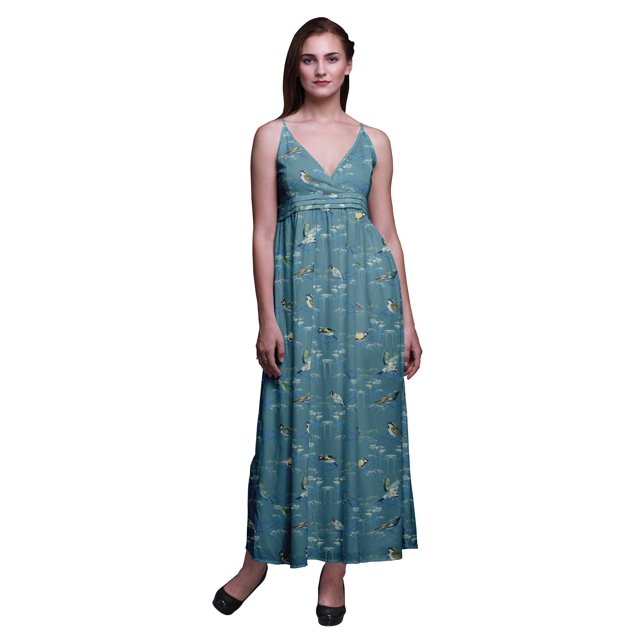 Bimba Robe Longue Maxi à Bretelles Spaghetti Ajustables Imprimée d'Oiseaux, Tenue de Plage d'Été - X-Grand