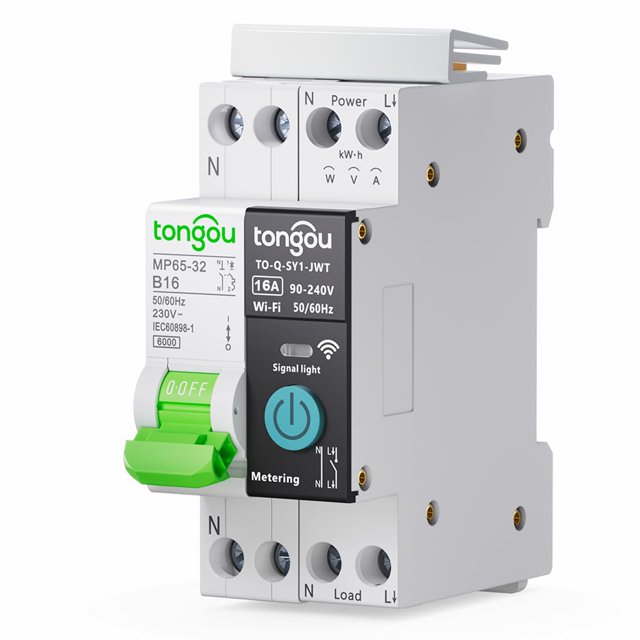 WiFi Circuit Breaker Switch - Smart WiFi DIN Rail Energy Meter Relay Type Circuit Breaker Connected Switch with Wattmeter Smart Life Tuya WiFi Remote Switch, 16A