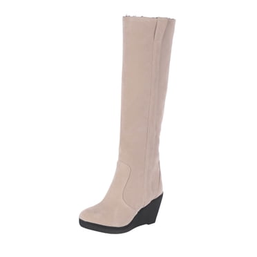 Women Slip-on Thick Wedge Heels High Heels Solid Color Winter Warm Knee High Round Toe Thick Fleece Snow Boots