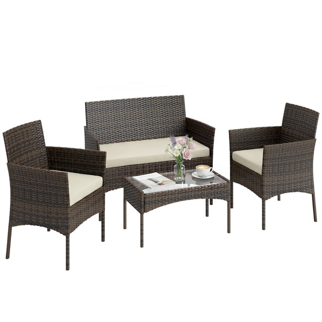 Outsunny Ensemble de Mobilier de Patio en Osier 4 Pcs avec Causeuse 2 Chaises Beige