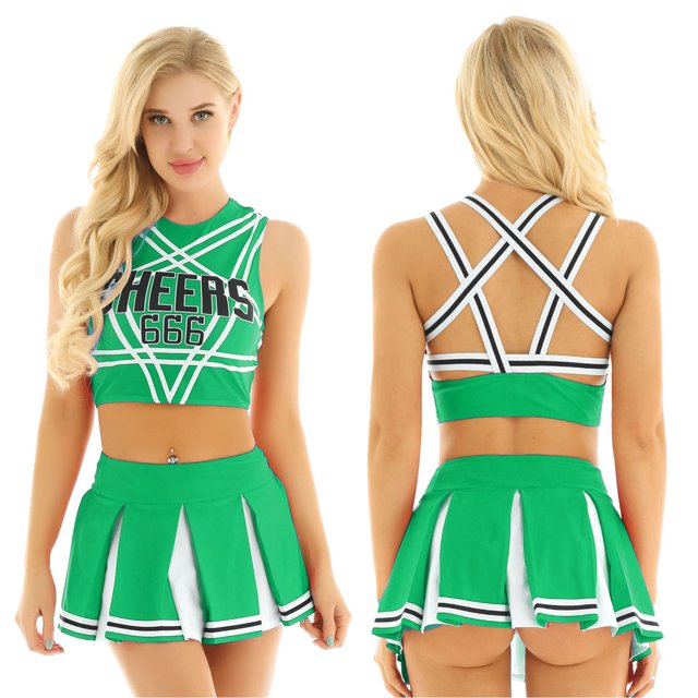 Aislor Ensemble Court de Pom-Pom Girl pour Femmes avec Mini Jupe Plissée Ensemble d'Uniforme de Cheerleading Vert TG