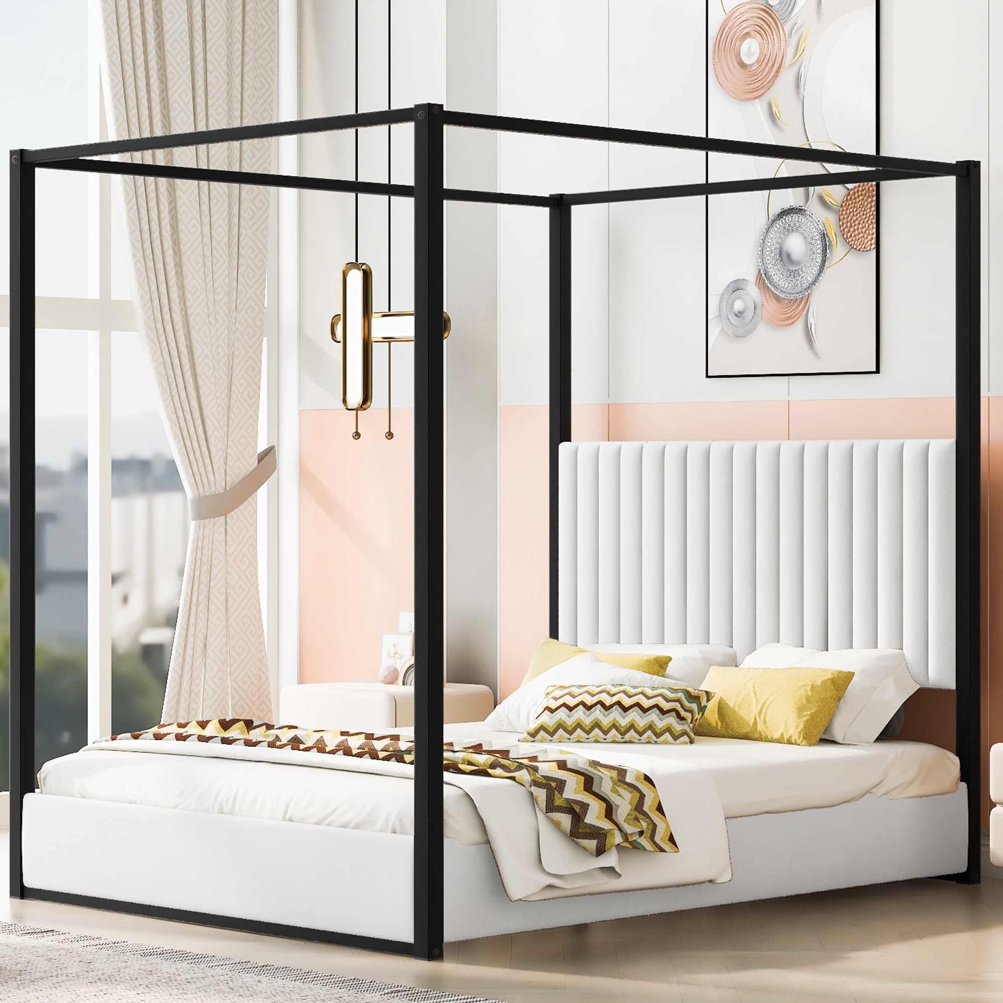 Noble House Queen Size Upholstery Canopy Platform Bed with Headboard and Metal Frame,White