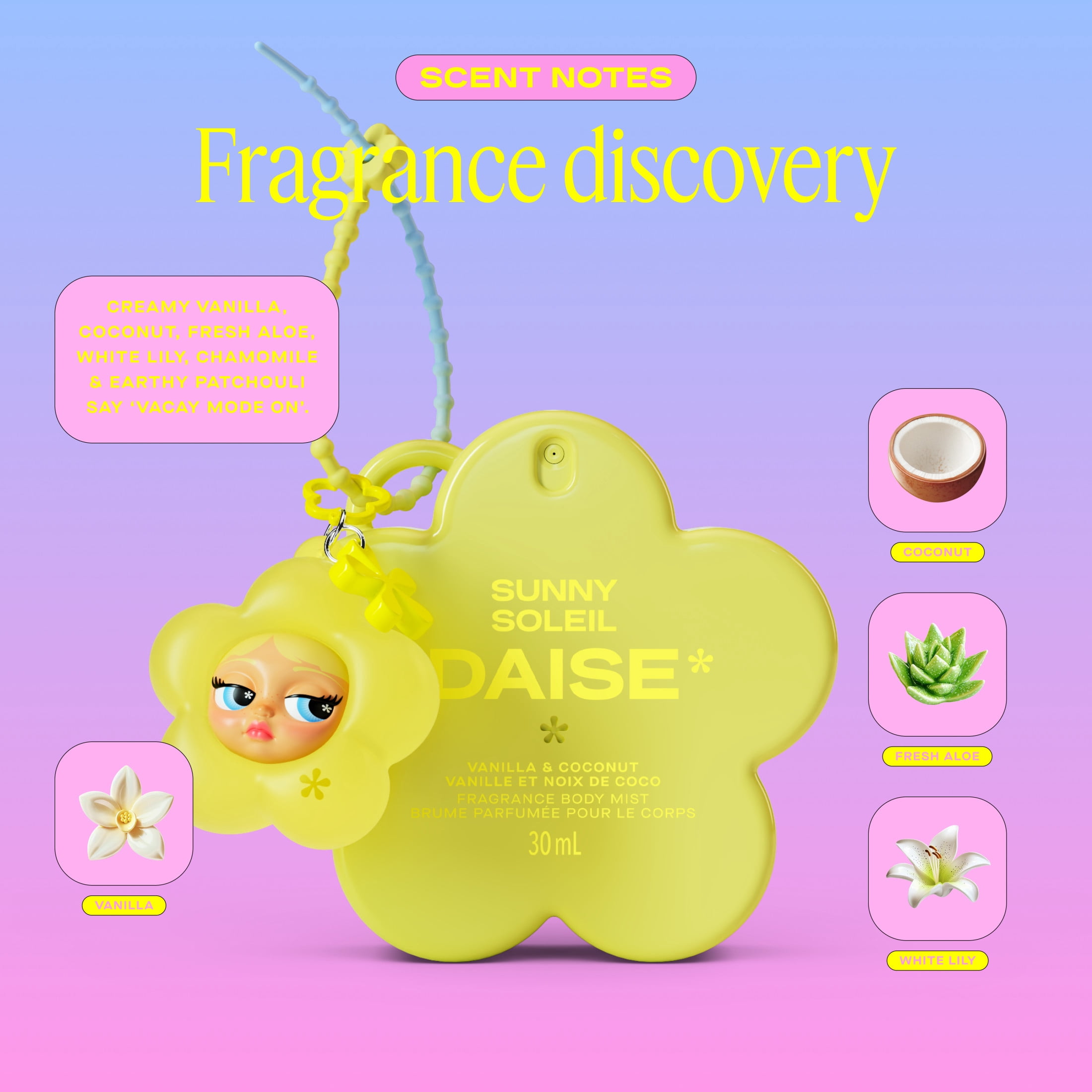 DAISE Brume Parfumée Pour Le Corps Avec Mini Breloque Dollface, Sunny, Vanille et Noix de coco, 30 mL
