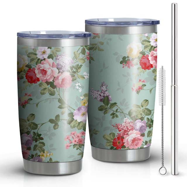 Gobelet 20oz avec Couvercle et Paille en Acier Inoxydable Rose Fleurs Roses Gobelet Isolé sous Vide pour Eau Café, Double Paroi Gobelet de Voyage Réutilisable pour Boissons Chaudes