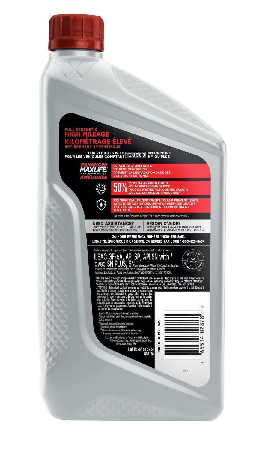 Huile à moteur Valvoline entièrement synthétique avec technologie MaxLife 5W30