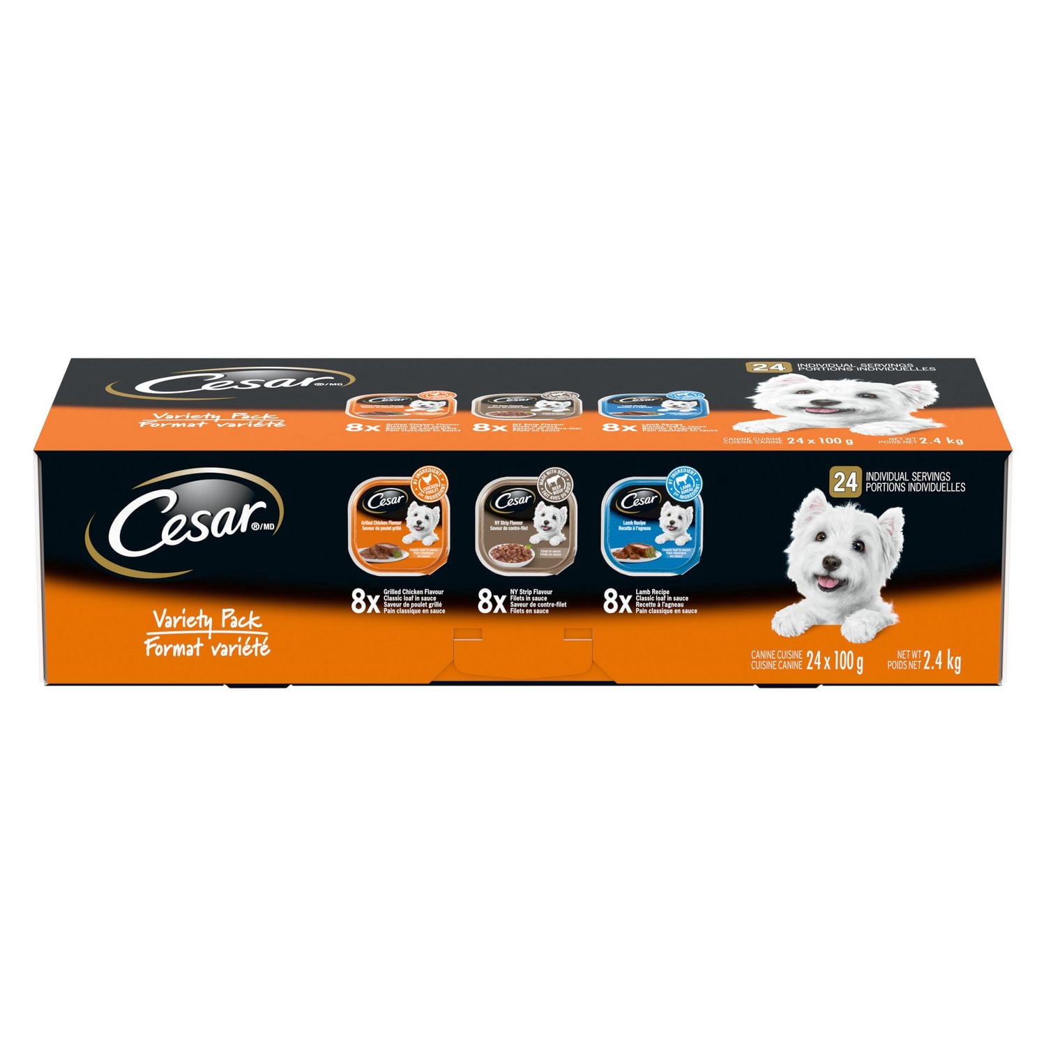 CESAR Classic Loaf in Sauce Wet Dog Food Variety, with 8 Grilled Chicken, 8 NY Strip Flavour & 8 Lamb Recipe, trays 24 Pack