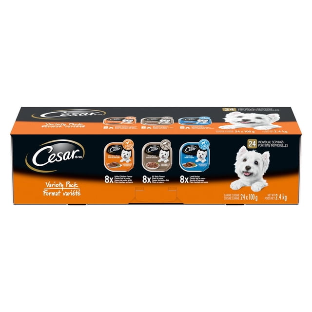 CESAR Classic Loaf in Sauce Wet Dog Food Variety, with 8 Grilled Chicken, 8 NY Strip Flavour & 8 Lamb Recipe, trays 24 Pack