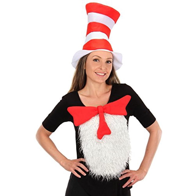 Dr. Seuss Cat In The Hat Insta-Tux Costume Kit by Elope featuring a red and white striped felt hat, a faux fur patch with an oversized red bow tie, and a button loop for easy attachment. Designed for children and adults, this lightweight and comfortable costume accessory is perfect for Halloween, cosplay, or whimsical fun. The kit is made of 100% polyester and is safety tested for ages 3 and up.