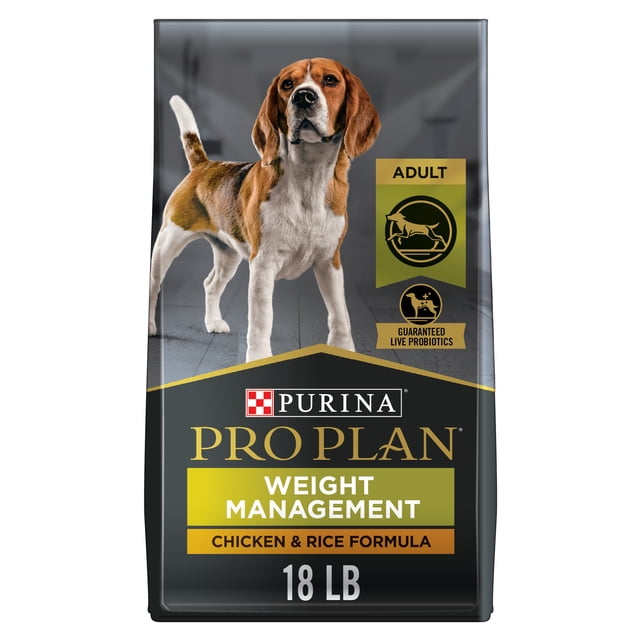 Purina Pro Plan Weight Management Chicken & Rice Formula dry dog food bag showing a front-facing adult beagle, labeled for adult dogs with guaranteed live probiotics, weighing 18 lb, formulated to support healthy weight and digestive health.