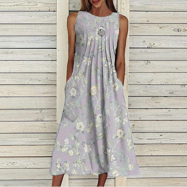 SMihono Robe Bohème d'Été pour Femmes Grande Taille Mode Robe Sans Manches à Col en V Décontractée à Imprimé avec Poches pour Femmes Printemps Été