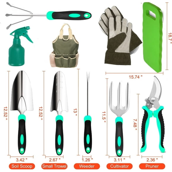 Scuddles Garden Tools Set - 10-Piece Heavy Duty Gardening Kit with Storage Organizer, Ergonomic Hand Digging Weeder Rake Shovel Trowel Sprayer Gloves Gift for Men Or Women