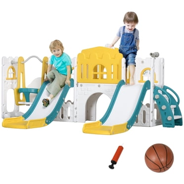 Qaba Ensemble Glissoire et Balançoire 8 en 1 pour Tout-Petit, Aire de Jeux Intérieure avec Panier de Basketball, Grimpeur, Couloir, Espace de Rangement, Télescope