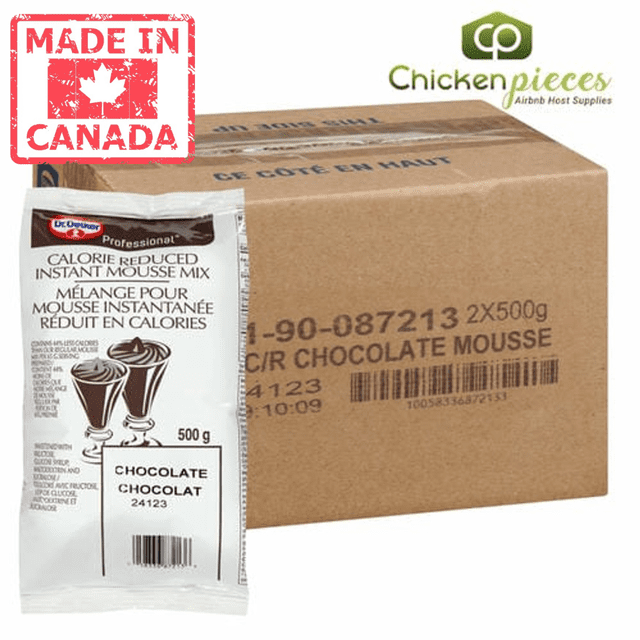 Dr. Oetker Chocolate Mousse Mix, a calorie-reduced dessert mix, shown in a 500g (1.10 lbs) package alongside a labeled shipping box containing 2 packs. The packaging highlights its no-cook preparation and professional-grade quality, ideal for creating light, velvety chocolate desserts. Made in Canada.