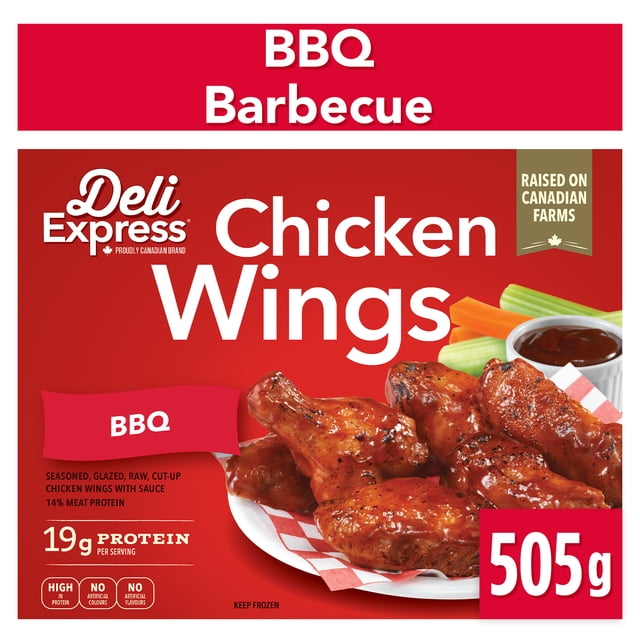 Deli Express BBQ Chicken Wings package showing 505g of raw, seasoned chicken wings glazed with barbecue sauce on a white plate with red checkered paper, served with celery sticks and a cup of BBQ sauce, raised on Canadian farms and containing 19g protein per serving.