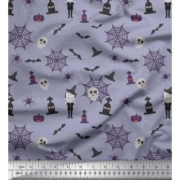 Soimoi Polyester Crepe Fabric Bat,Skull & Witch Halloween Decor Fabric Printed Yard 42 Inch Wide