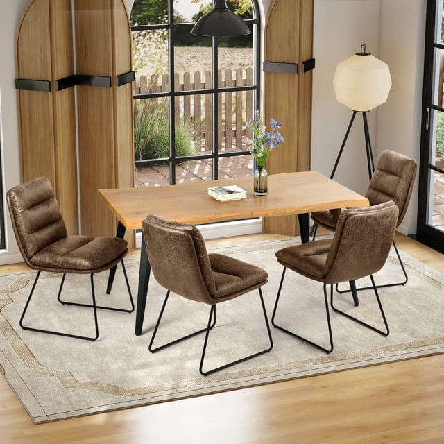 Homy Casa 63 inch Industrial Dining Set for 4, Faux Wood Table Faux Leather Chairs