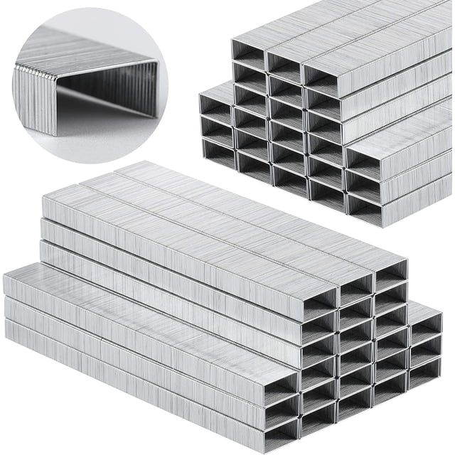 Staples for stapler, 10,000 staples with 1/4 inch leg length, designed for standard office staplers. Each strip contains 100 staples, suitable for stapling up to 20 sheets of paper. Made for jam-free stapling, ideal as an office supply and staples refill.