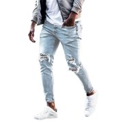 Men's Jeans Ripped Jeans for Men Mid-Wasit Slim Fit Denim Pants with Pocket Pantalon Jeans Homme Blue XL