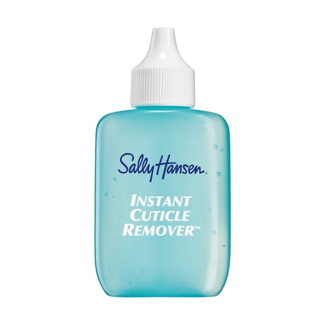 Sally Hansen Instant Cuticle Remover™ in a translucent blue squeeze bottle with a white pointed cap, labeled with the brand name and product title, formulated with chamomile and aloe for fast cuticle and callus softening, ideal as a moisturizing nail treatment.