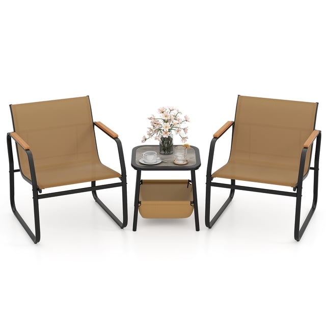 Gymax Ensemble Bistro 3 Pcs Chaises de Patio et Table d'Appoint avec Panier de Rangement Tissu en Maille Respirant