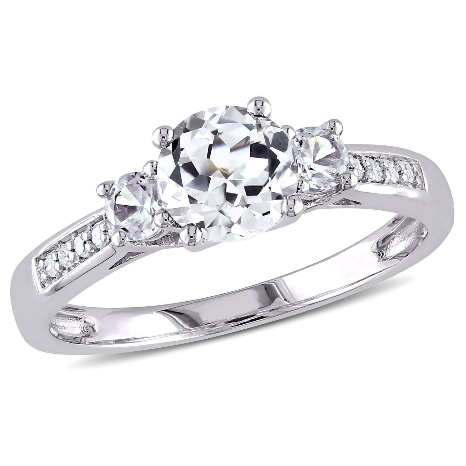 Miabella 1.33 Carat T.G.W. Created White Sapphire and Diamond Accent 10 K White Gold Three-Stone Engagement Ring