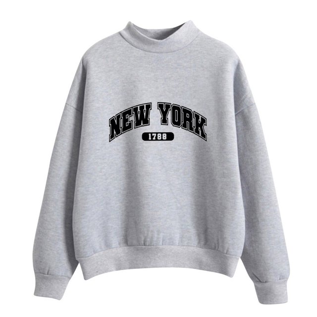 HNMKIU Women's Tops Autumn Winter O Neck Solid Color Printed Long Sleeve Pullover Sweatshirt