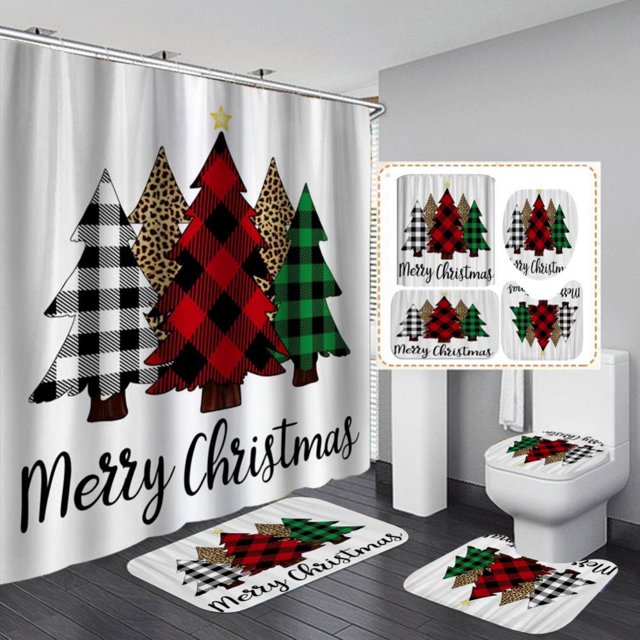 MesaSe Ensemble de Rideau de Douche 4 Pcs avec Tapis Antidérapant, Couvercle de Toilette et Tapis de Bain, Noël à la Ferme, Carreaux Buffalo Rouges et Noirs, Camion, Vache Laitière, Rideau de Douche Durable pour Salle de Bain