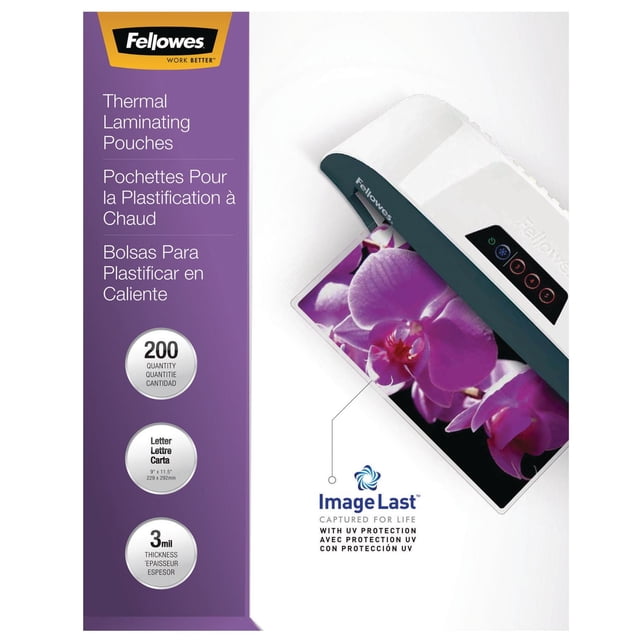 Thermal Laminating Pouches by Fellowes shown with a laminator sealing a photo of purple orchids, featuring ImageLast technology with built-in UV protection to prevent fading, 3 mil thickness, letter size 8.5 by 11.5 inches, and a 200-pack quantity suitable for preserving important documents and photos.