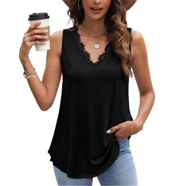Women Tank Tops Zeophrasy Fashion Women's Casual Sleeveless Solid Lace Ladies V-Neck Top Blouse Great Gift for Less Pink S